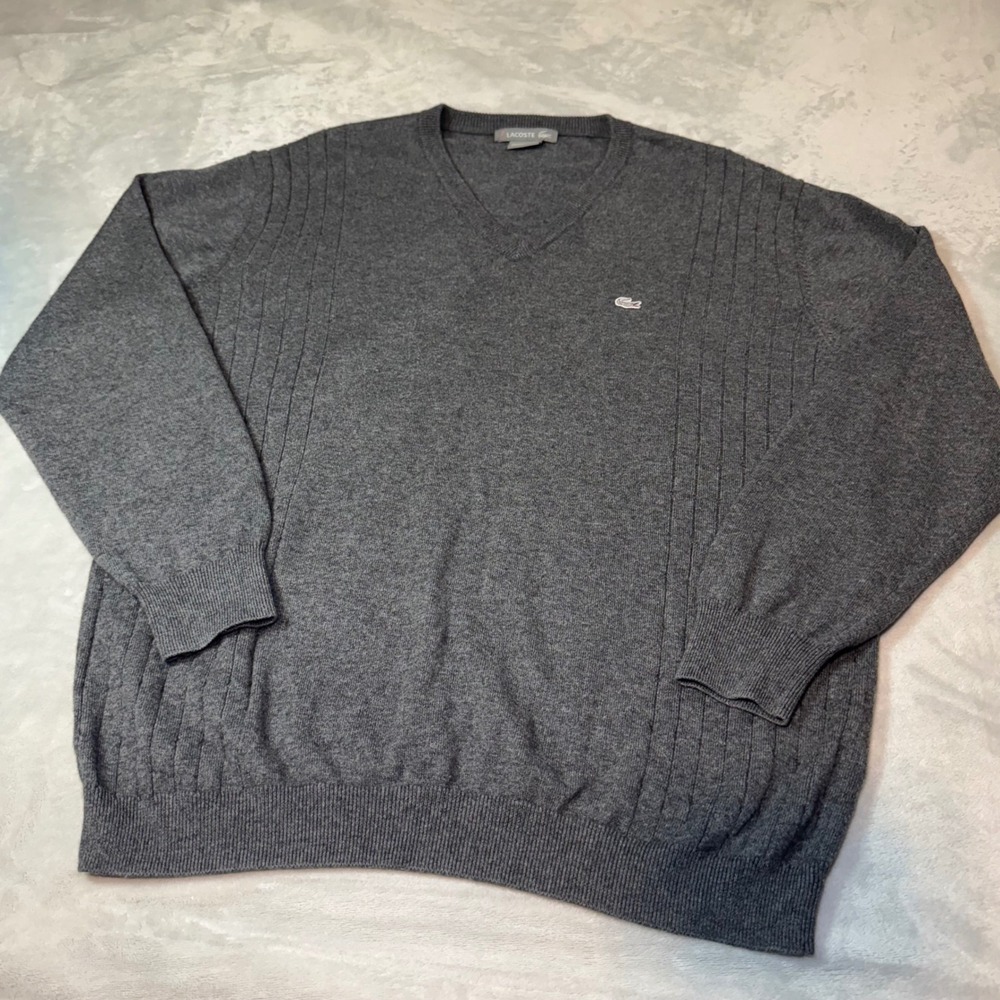 Lacoste Vintage Men's Dark Gray V Neck Long Sleeve Sweater Pullover Knit Size L